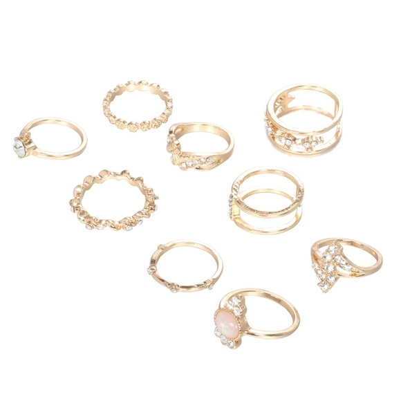**KEILANI* 9-Pc Gold x Rhinestone Fashion Ring Set - Picture 4 of 6